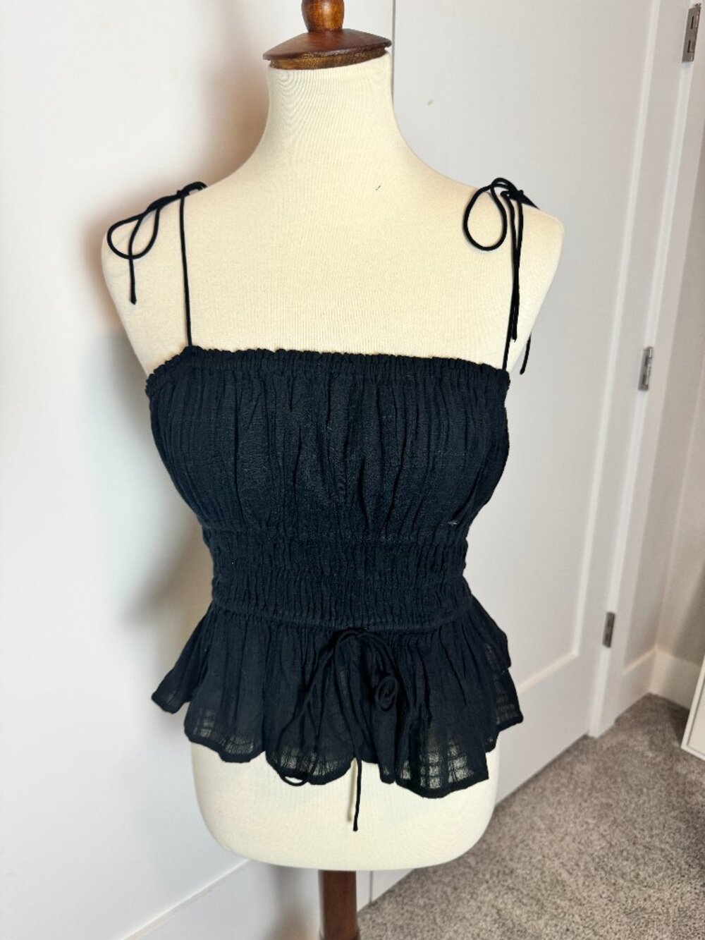 NWT J.Crew Smocked Peplum Tie-Strap Top Black Size M